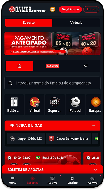 Aplicativo MC Games com opções de apostas esportivas e principais ligas em destaque