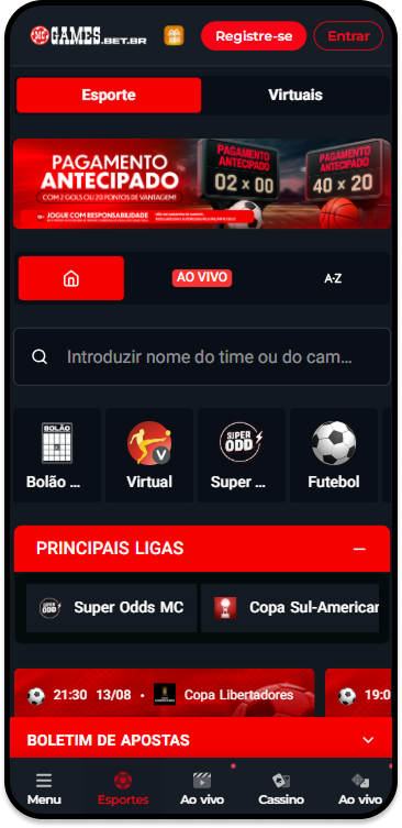 Página de esportes da MC Games com banner destacando o pagamento antecipado