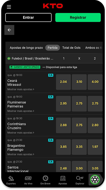 Página da KTO com mercados de apostas em futebol e odds para diferentes resultados no Brasileirão Série A