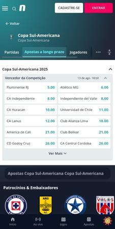 Mercado de apostas da Copa Sul-Americana 2025 na Novibet com cotações para campeão do torneio