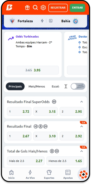 Odds aumentadas para o Resultado Final do jogo Fortaleza x Bahia no Brasileirão e odds normais para o mercado na Betano