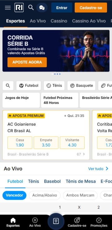 Página de esportes da Rivalo com promoção "Corrida Série B" valendo apostas grátis na 2ª divisão do Brasileirão