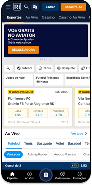 Seção de esportes da Rivalo com destaque para os odds premium do dia
