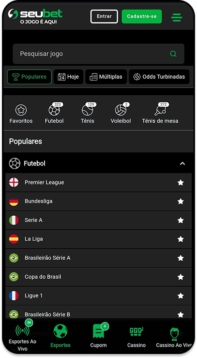 Tela do site SeuBet com apostas esportivas, partidas em destaque e menu com diferentes esportes