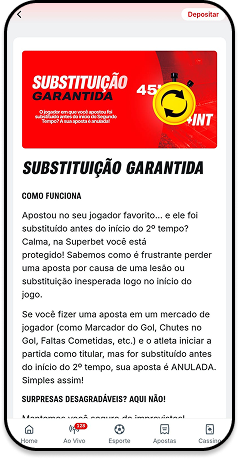 Tela da promoção “Substituição Garantida” da Superbet, explicando que apostas em jogadores substituídos antes do segundo tempo são anuladas automaticamente.