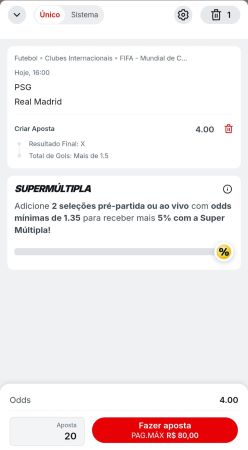 Recurso criar aposta na Superbet com aposta no jogo entre PSG e Real Madrid.