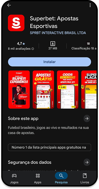 Página da loja de aplicativos mostrando detalhes para instalar o app da Superbet Apostas Esportivas.