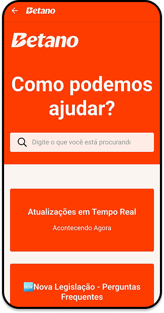Área de suporte ao cliente no aplicativo da Betano com opções de atualização em tempo real e perguntas frequentes.