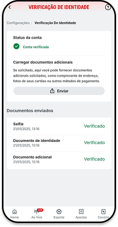 Verificação de identidade concluída com sucesso, conta verificada e documentos como selfie, identidade e comprovante adicional marcados como verificados.