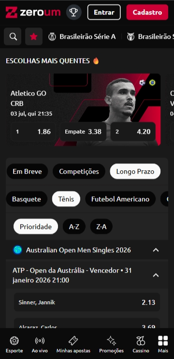 Página de esportes da Zero com destaque para a partida Atlético GO vs CRB na série B do Brasileirão