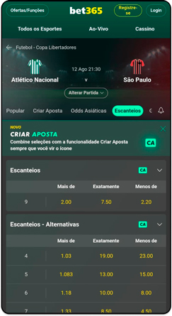 Apostas em escanteios na bet365 para o jogo entre Atlético Nacional e São Paulo pela Libertadores.