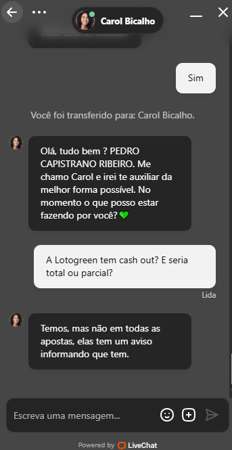 Atendimento da Lotogreen via chat com confirmação sobre o recurso de cash out parcial