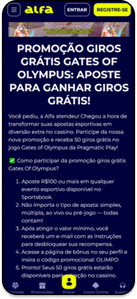Promoção de giros grátis na Alfabet para o jogo Gates of Olympus