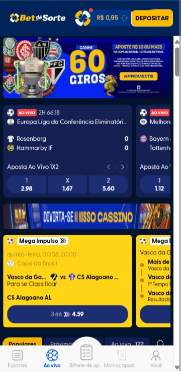 Página de esportes da Bet dá sorte com um banner destacando os 60 giros grátis par quem apostar R$10 ou mais na copa Copa do Brasil