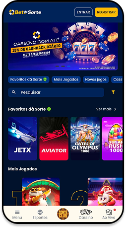 Tela inicial do site BetdaSorte com destaque para bônus de cashback e rodadas grátis. Mostra categorias de jogos como Fortune Tiger, Aviator e Crash.