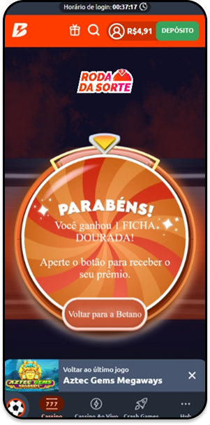 Roda da Sorte na Betano com prêmio sorteado de 1 ficha dourada para usar no Crazy in Wonderland