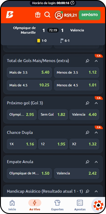 Betano mercados Olympique vs Valencia