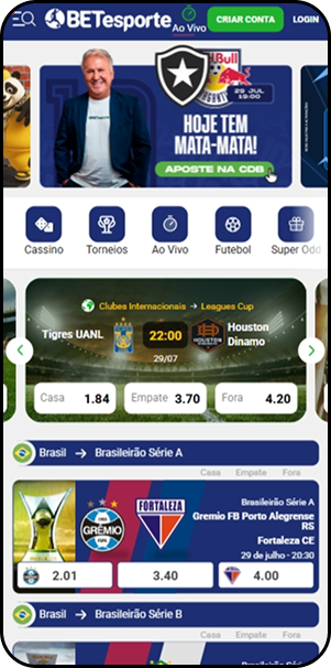 Página de esportes na Betesporte com banner de destaque para os Super Odds do dia