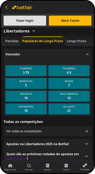 Tabela de apostas da Betfair para o vencedor da Libertadores 2025, destacando Flamengo, Palmeiras e outros clubes