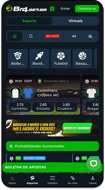Página principal da Br4Bet com promoções de super odds e partidas ao vivo como Atlético de Madrid x Barcelona
