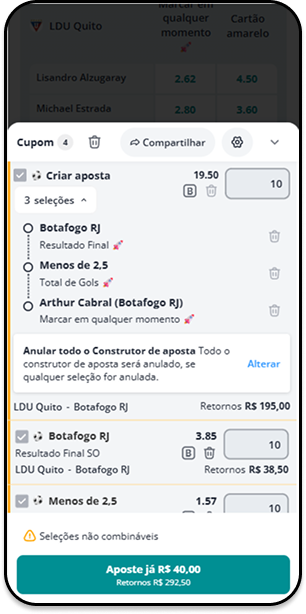 Bilhete Bet Builder Novibet na partida de volta entre LDU Quito e Botafogo