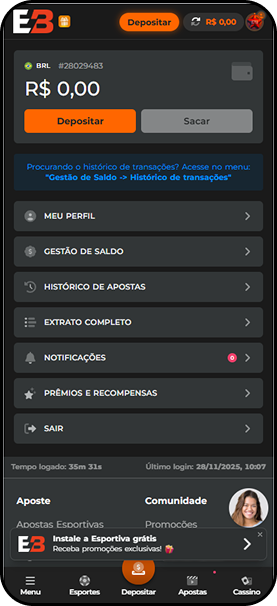 Área de saque da Esportiva Bet com um botão exclusivo para Saque
