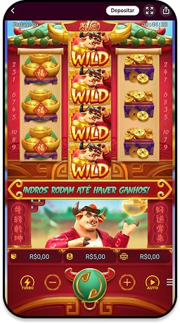 Tela do jogo Fortune OX apresentando rolos e símbolos Wild em ação.