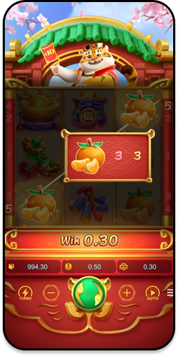 Tela do jogo Fortune Tiger destacando os símbolos de lingotes de ouro e outros elementos como a laranja