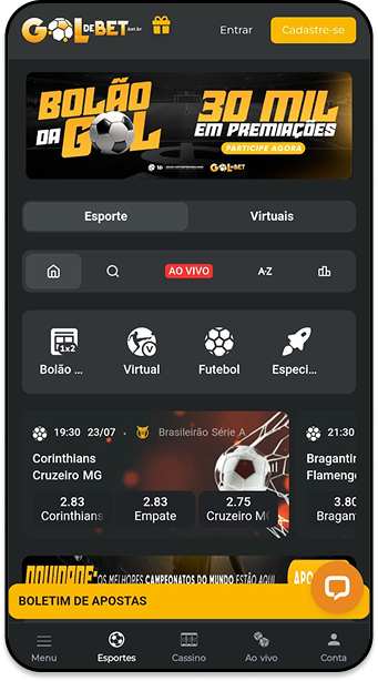 Página principal da Gol de Bet com destaque para bolão da rodada e apostas ao vivo em amistosos de clubes