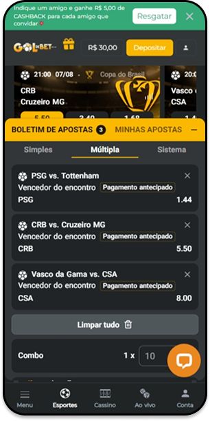 Página principal da Gol de Bet no site responsivo com bilhete de apostas múltiplas