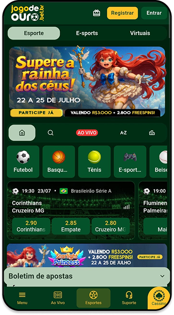 Página da Jogo de Ouro com apostas ao vivo e odds turbinadas em destaque