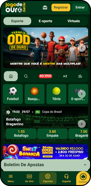 Seção de esportes na Jogo de ouro com destaque para o cashback de ouro