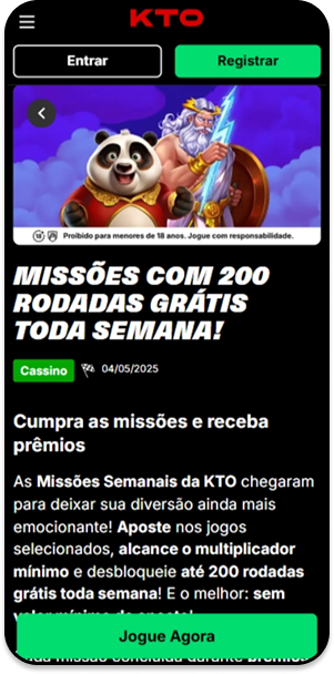 Missões da KTO com até 200 rodadas grátis toda semana