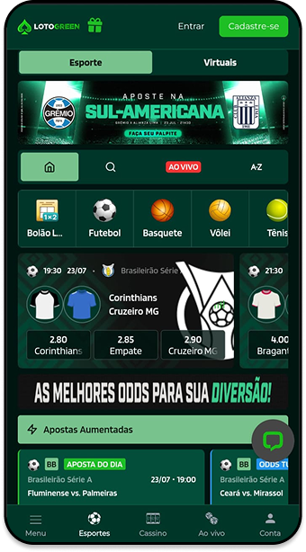 Página de esportes da Lotogreen com apostas ao vivo e destaque para o banner do Brasileirão
