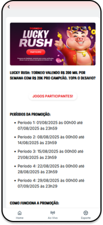 Promoção Lucky Rush da Superbet com R$ 200 mil por semana e R$ 20 mil para o campeão