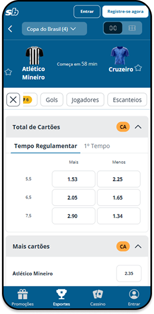 Mercado de cartões no jogo Atlético Mineiro x Cruzeiro para apostar na Sportingbet