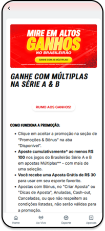 Promoção da Superbet para apostas múltiplas na Série A e B do Brasileirão, com regras para receber aposta grátis de R$ 30.