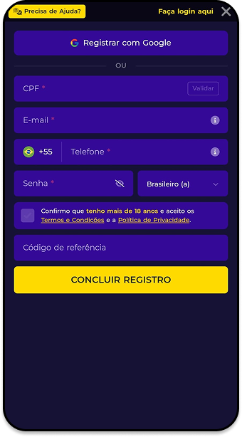 Área de cadastro da Multibet solicitando CPF, e-mail, telefone e senha.