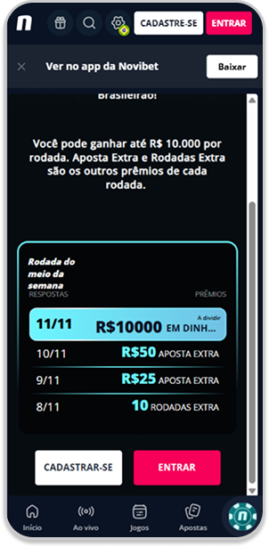 Novi-bolão com prêmios de R$10.000 em dinheiro na Novibet
