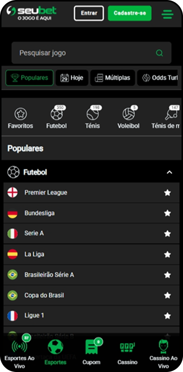 Página de esportes da Seubet com as principais ligas de futebol