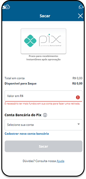 Página de saque na Sportingbet com pagamentos por Pix sem taxa