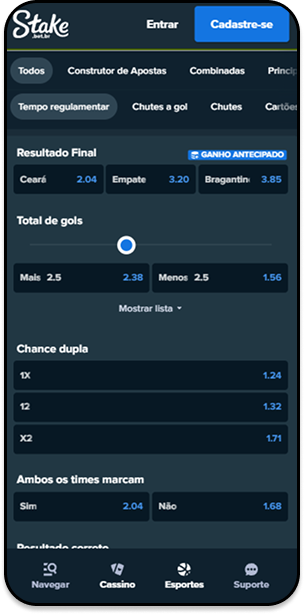Mercados e odds oferecidas para a partida Ceará x Bragantino na Stake, com total de gols, chance dupla, resultado final e ambos marcam