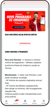 Programa Supersocial da Superbet com requisitos para se tornar parceiro e condições de monetização com base em seguidores e bilhetes copiados.