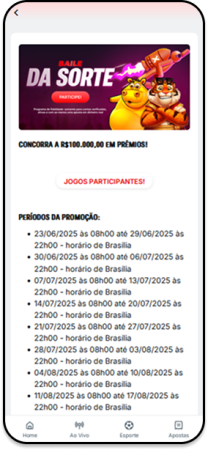 Torneio Baile da Sorte da Superbet com R$ 100 mil em prêmios, lista completa dos períodos e botão para acessar jogos participantes.