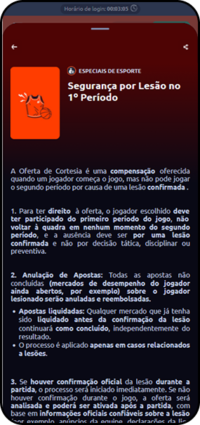 Promoção de segurança por lesão no primeiro período na Betano com compensação de apostas