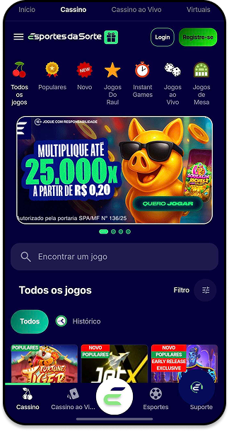 Cassino de 1 real Esportes da Sorte destacando jogos como Fortune Tiger