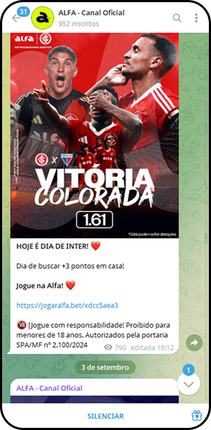 Publicação no canal oficial da Alfa no Telegram mostrando a odd 1.61 para vitória do Internacional contra o Sport.