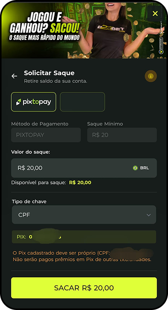 Solicitação de saque na B2xbet via Pix no valor de R$20 com opção de chave CPF.