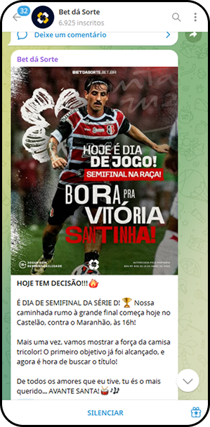 Post no canal Bet dá Sorte no Telegram destacando o jogo Santa Cruz x Maranhão pela Série D