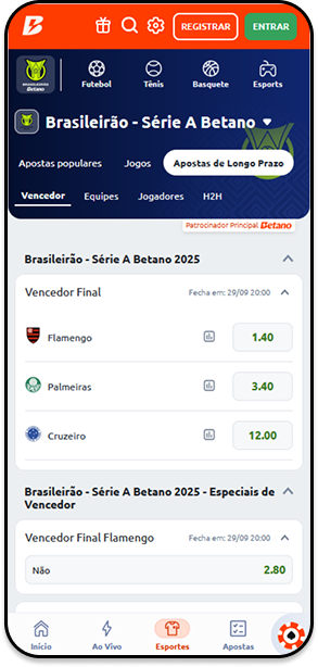 Casa de apostas Betano mostrando as odds para o vencedor do Brasileirão Série A 2025. Flamengo aparece como favorito com cotação 1.40 